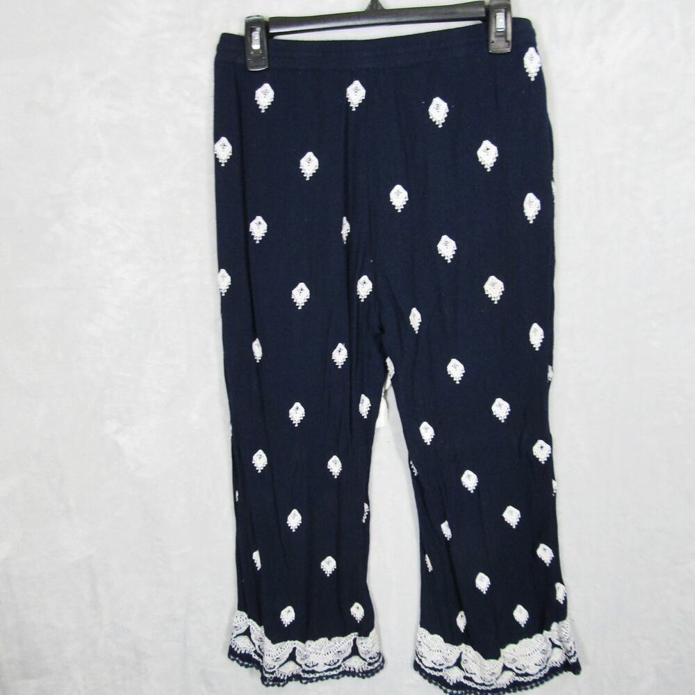 Sundance Pants Size Small Wide Leg Embroidered Pant Blue White Excellent